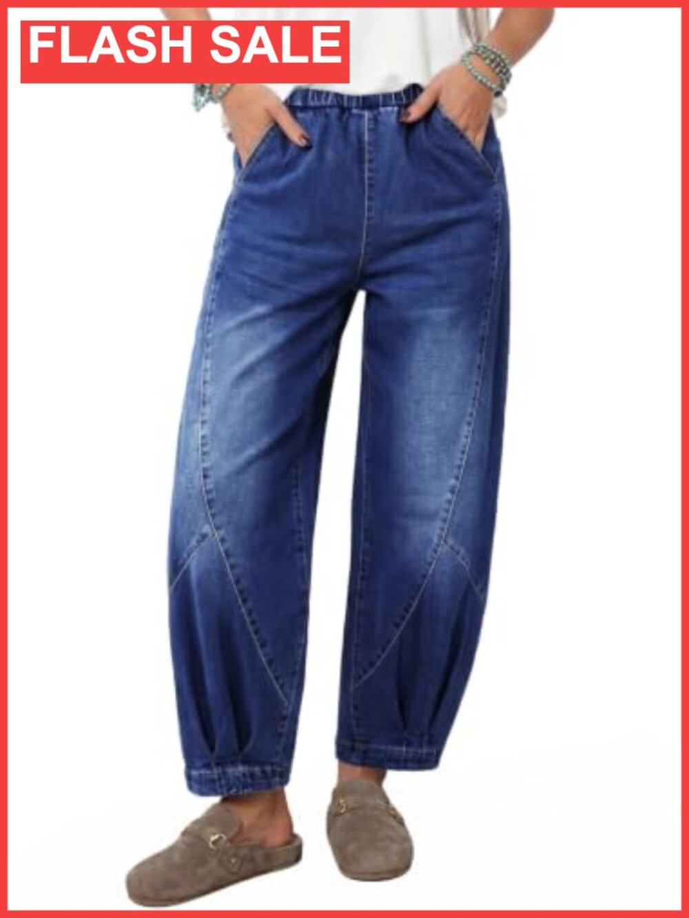 High Waisted Baggy Barrel Wide Leg Jeans Pull On Ankle Denim